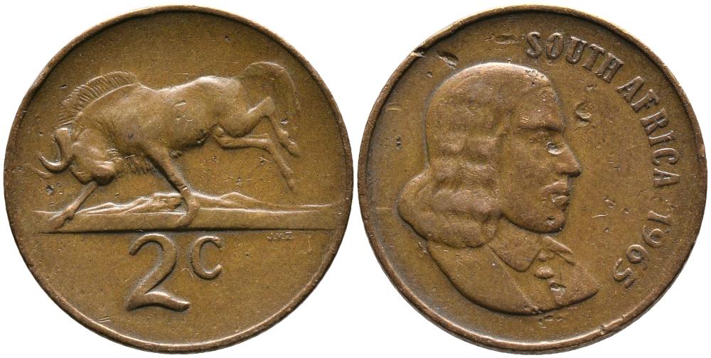 ЮАР 2 цента 1965 Ян ван Рибек (1619-1677), Suid Africa, легенда на африкаанс, антилопа гну KM 66.2 бронза 3336-1221