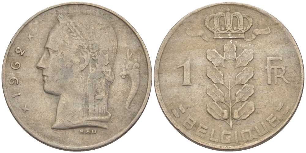 БЕЛЬГИЯ 1 ФРАНК 1962 BELGIQUE, БОДУЭН I (1951-1993) KM 142.1 медно-никель 202-1017