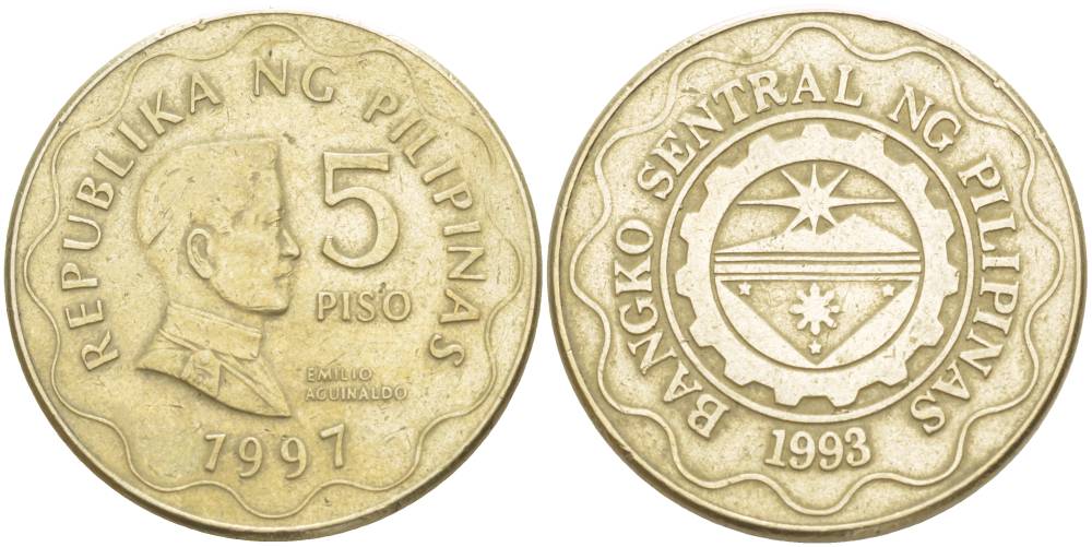 ФИЛИППИНЫ 5 ПИСО 1997 ЭМИЛИО АГИНАЛЬДО KM 272 никель латунь 4542-814