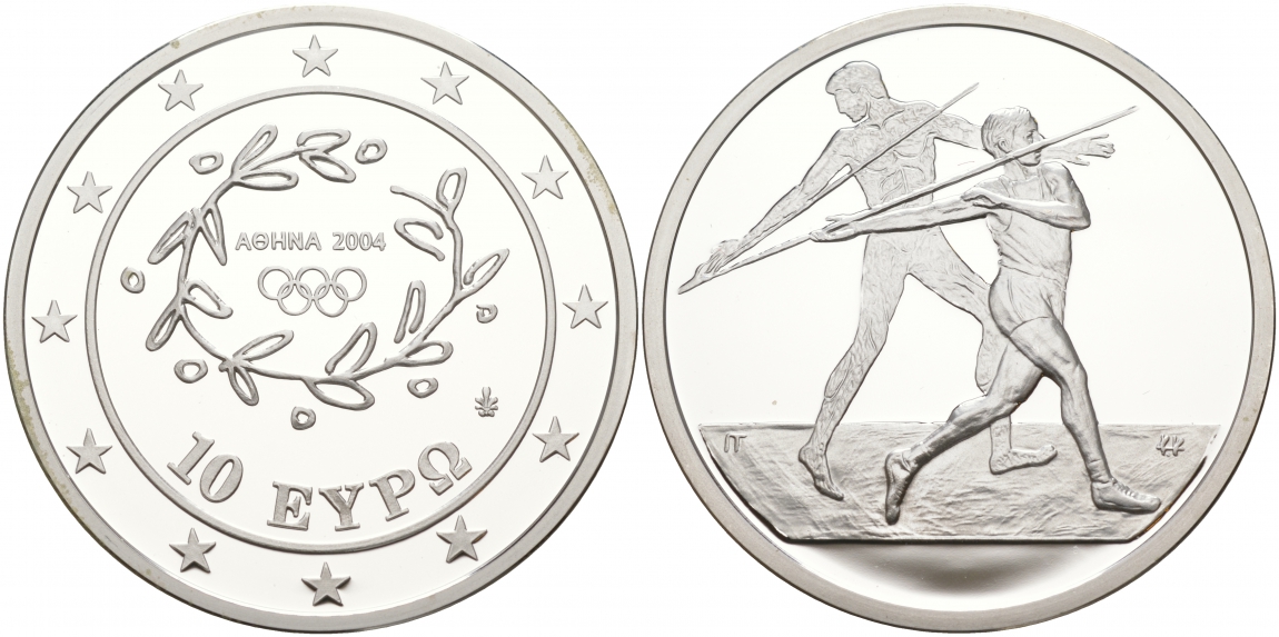 Греция 10 евро 2003 XXVIII летние Олимпийские игры 2004 года в Афинах, метание копья KM 193 серебро PROOF 02-035-23
