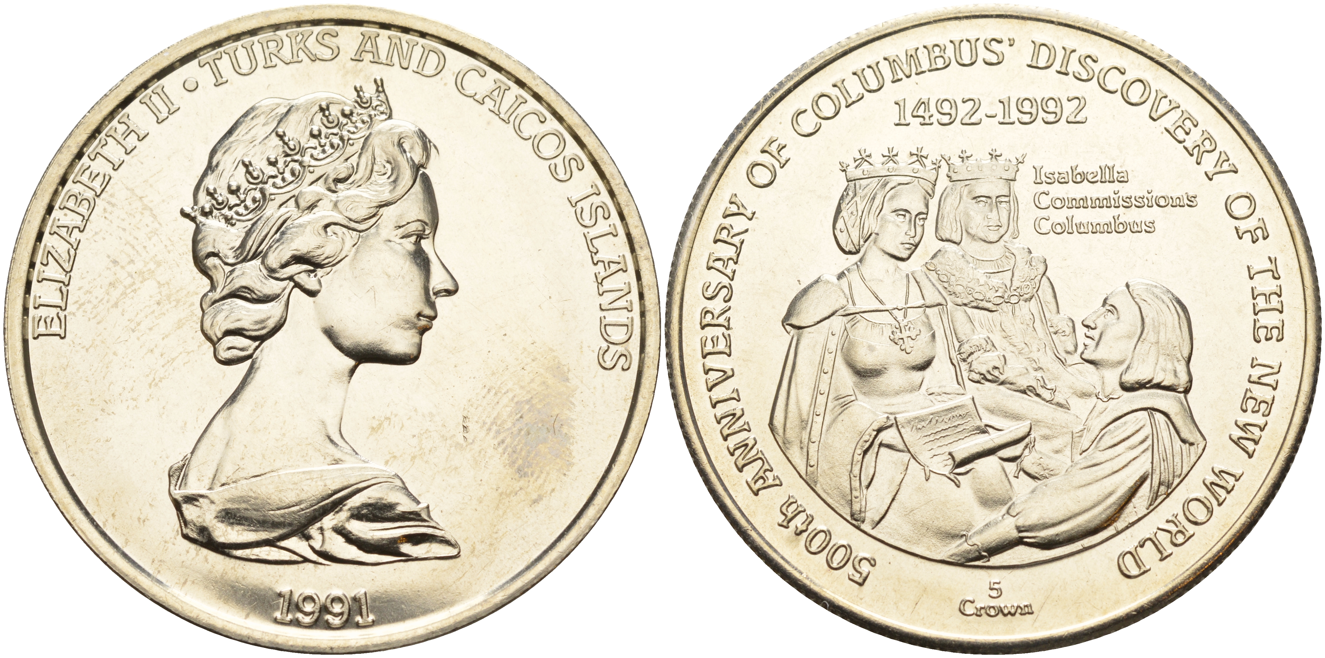 Теркс и Кайкос 5 крон 1991 500 лет открытия Америки, Колумб и королева Изабелла KM 75 медно-никель  UNC 1078-1-62