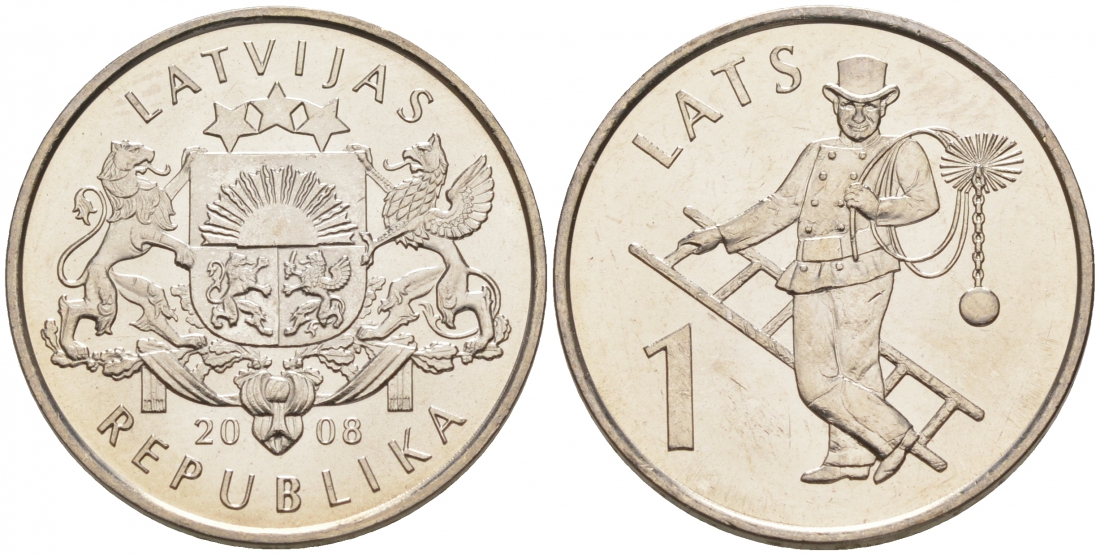 Латвия 1 лат 2008 трубочист KM 107 медно-никель UNC M9-21