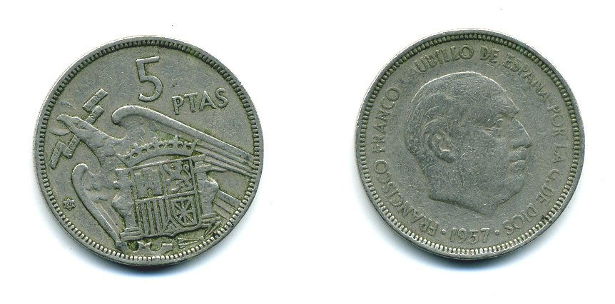ИСПАНИЯ 5 ПЕСЕТ 1957 (60) ФРАНСИСКО ФРАНКО ДИКТАТОР ИСПАНИИ (1939-1975) KM 786 медно-никель 53-826