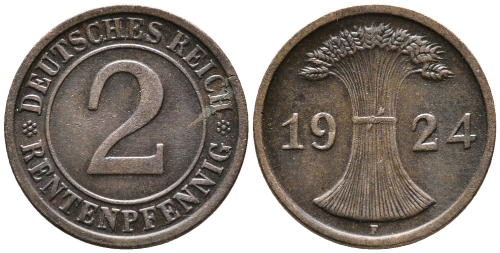 ГЕРМАНИЯ 2 РЕНТЕНПФЕННИГА 1924 F KM 31, J. 307 бронза 24-542