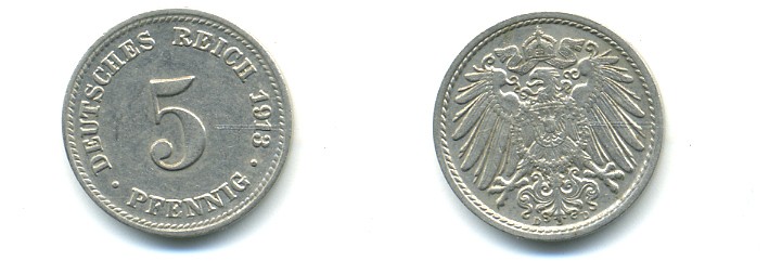 ГЕРМАНИЯ 5 ПФЕННИГОВ 1913 D, KM 11, J. 12 медно-никель 4379-711