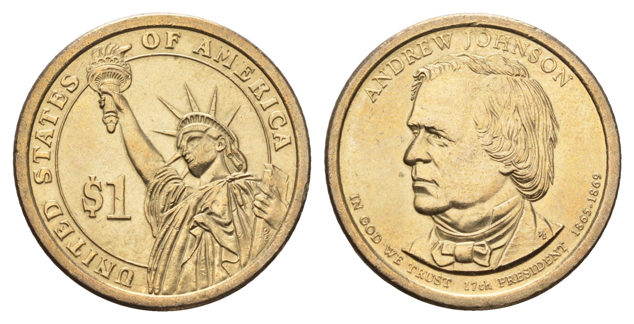 США 1 доллар 2011 P, Президент США - Эндрю Джонсон (1865-1869) KM 499 медь с марганцево-латунным покрытием UNC 4698-1123