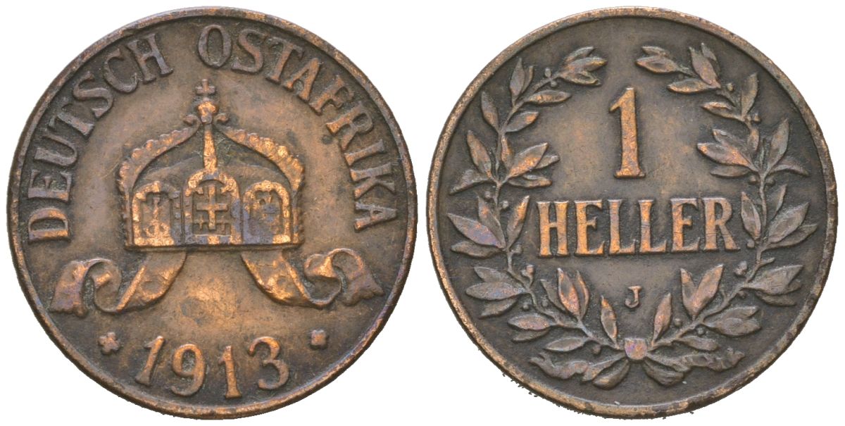 Германская Восточная Африка (Танзания) 1 геллер 1913 A, Ost-Africa Jaeger 716, KM 7 бронза 4615-269