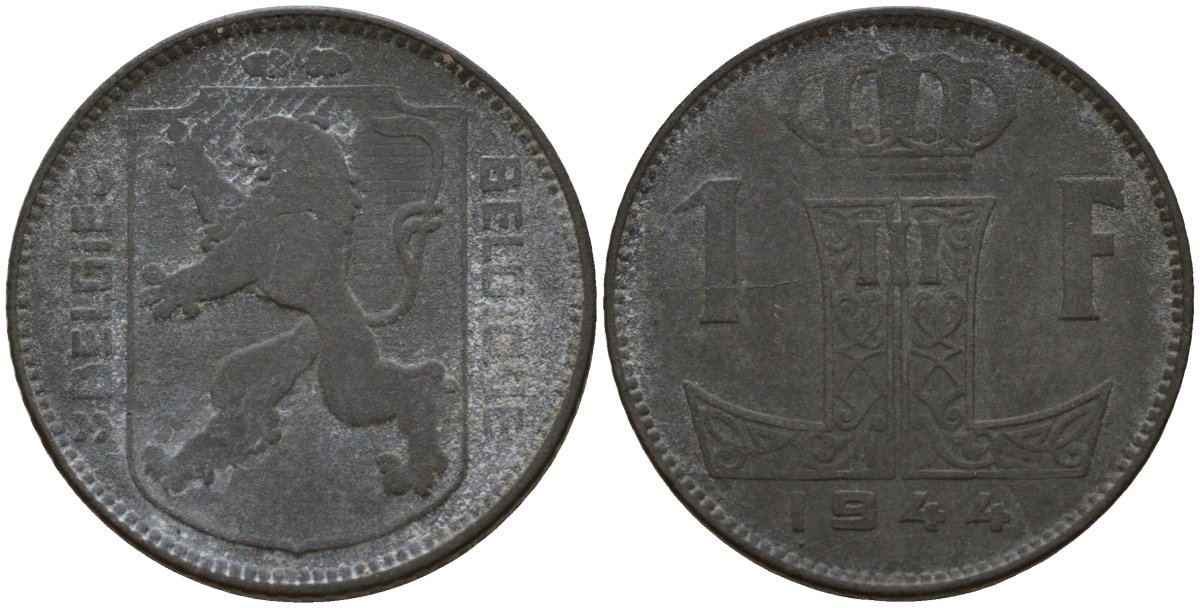 Бельгия 1 франк 1944 Belgie - Belgique, Леопольд III (1934-1947), германская оккупация, Вторая мировая война KM 128 цинк 4161-542