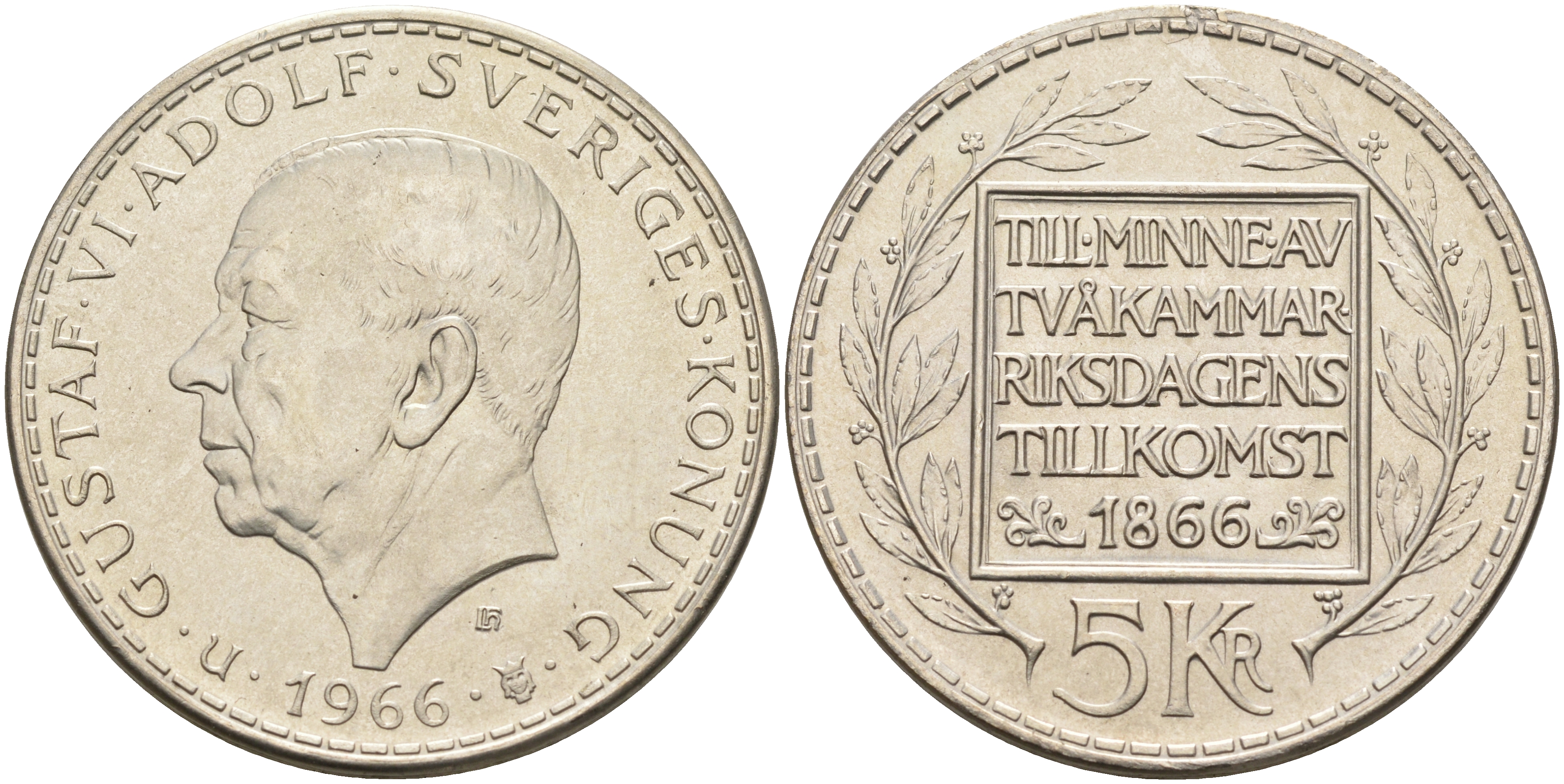 Швеция 5 крон 1966 U, Густав VI Адольф (1950-1973), 100 лет конституционным реформам KM 839 серебро 4590-1244