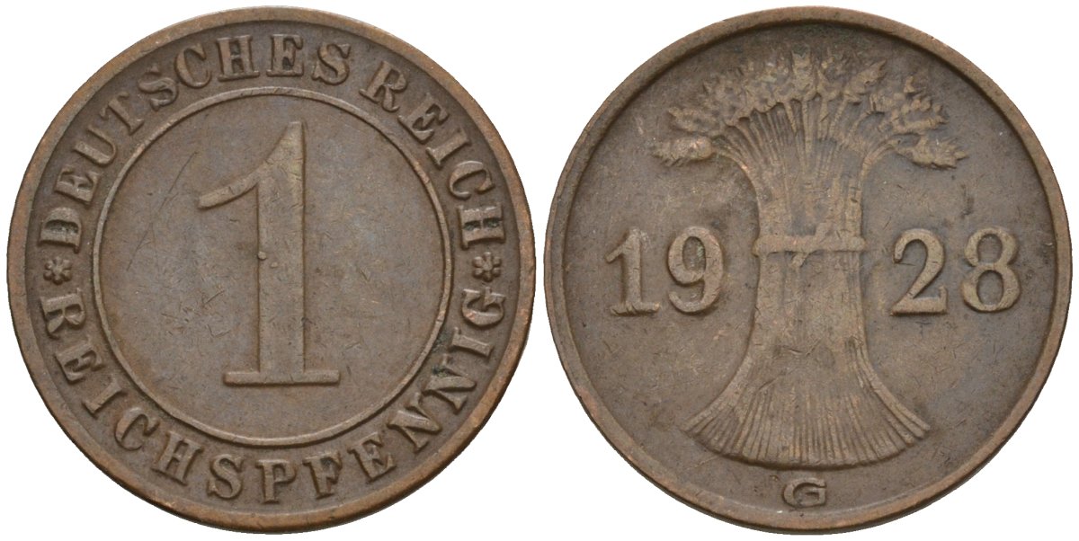 Германия 1 рейхспфенниг 1928 G KM 37, J. 313 бронза 4516-1162