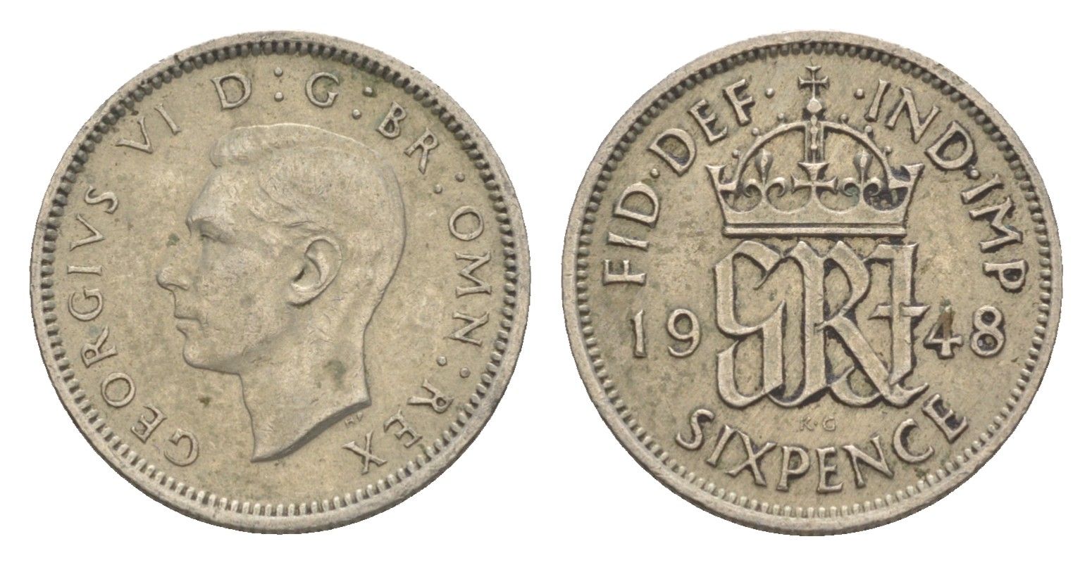 Великобритания 6 пенсов 1948 Георг VI (1936-1952) KM 862, Spink 4105 медно-никель 4160-1054