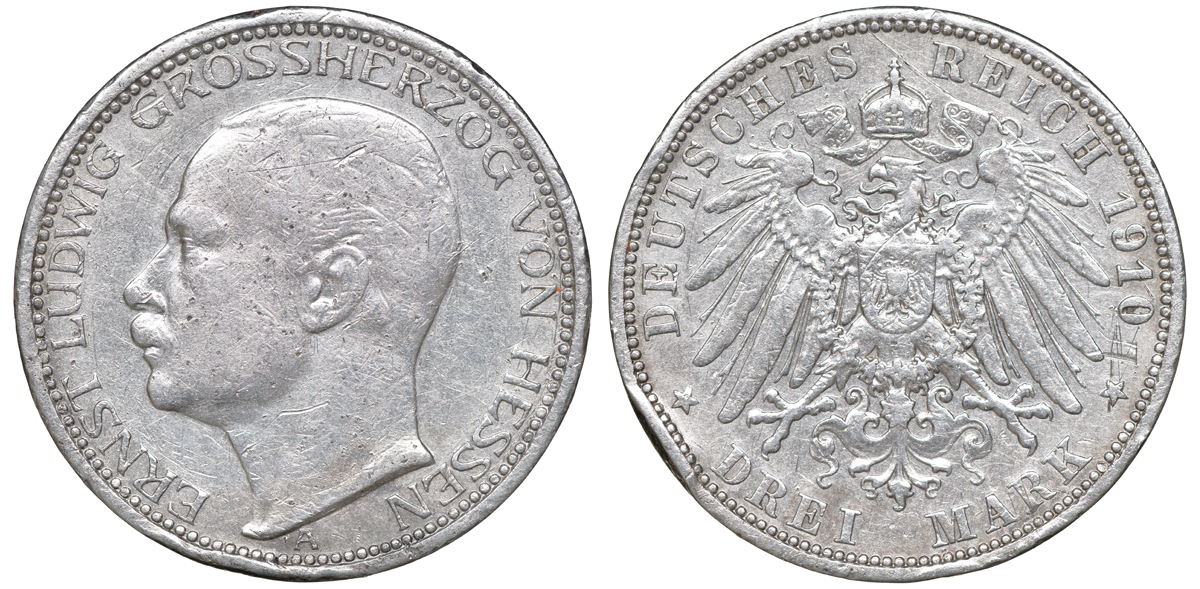 Гессен 3 марки 1910 H, Эрнст Людвиг (1892-1918) J. 76, KM 375 серебро 413-5714