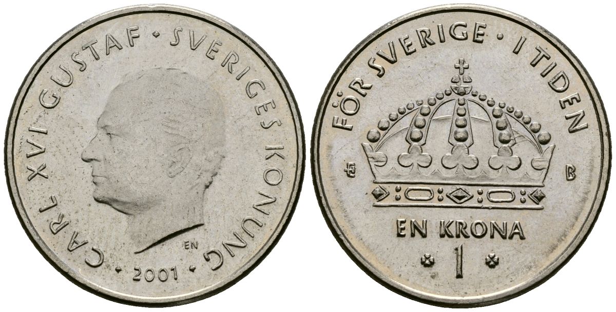 Швеция 1 крона 2001 Карл XVI Густав (1973- ) KM 894 медно-никель 4138-832