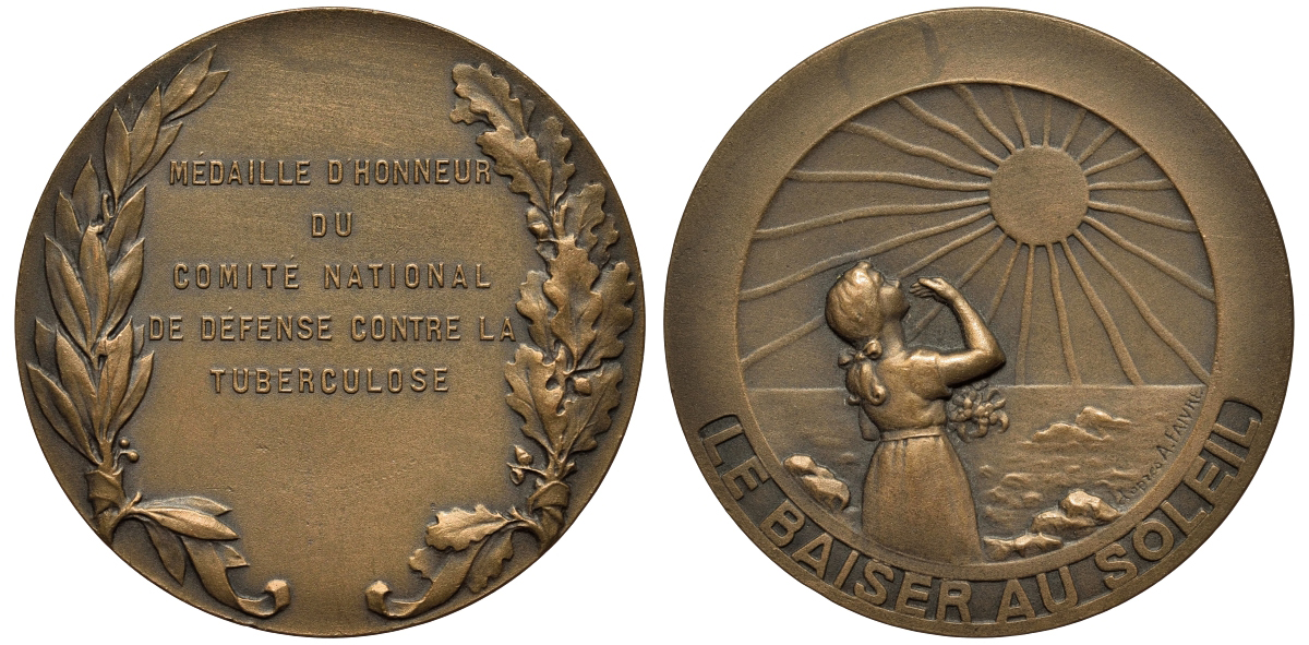 ФРАНЦИЯ МЕДАЛЬ ND ПОЦЕЛУЙ СОЛНЦУ, ПОЧЕТНАЯ МЕДАЛЬ НАЦИОНАЛЬНОГО КОМИТЕТА ПО БОРЬБЕ С ТУБЕРКУЛЕЗОМ, ДИАМЕТР 49,5 ММ. ВЕС 53,3 ГР. бронза 1093-5-43