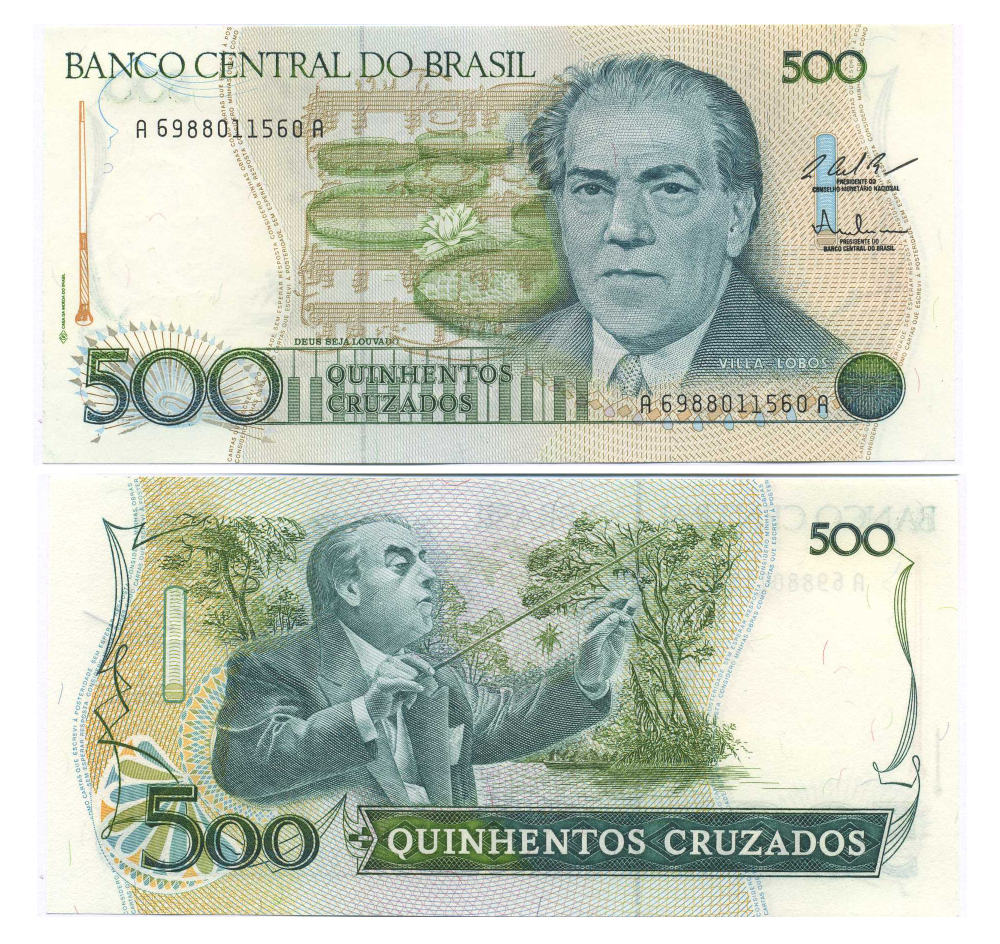 Бразилия 500 крузадо ND (1986-1988) серия A 6988, 100 лет со дня рождения Эйтор Вилла-Лобос Pick 212 с бумага UNC (пресс) 8595-34-1-1