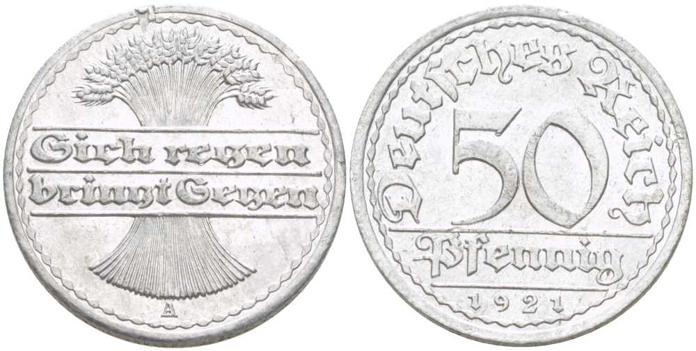ГЕРМАНИЯ 50 ПФЕННИГОВ 1921 A KM 27, J. 301, Weege 10 алюминий 261-726