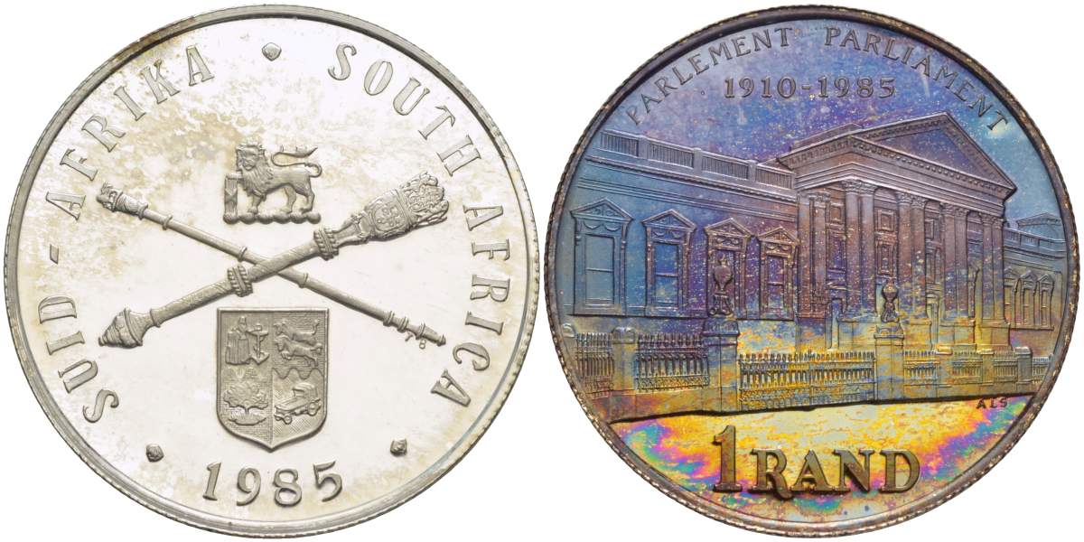 ЮАР 1 ранд 1985 75 лет Парламенту, в оригинальной коробке KM 116 серебро PROOF 3-4-1-26