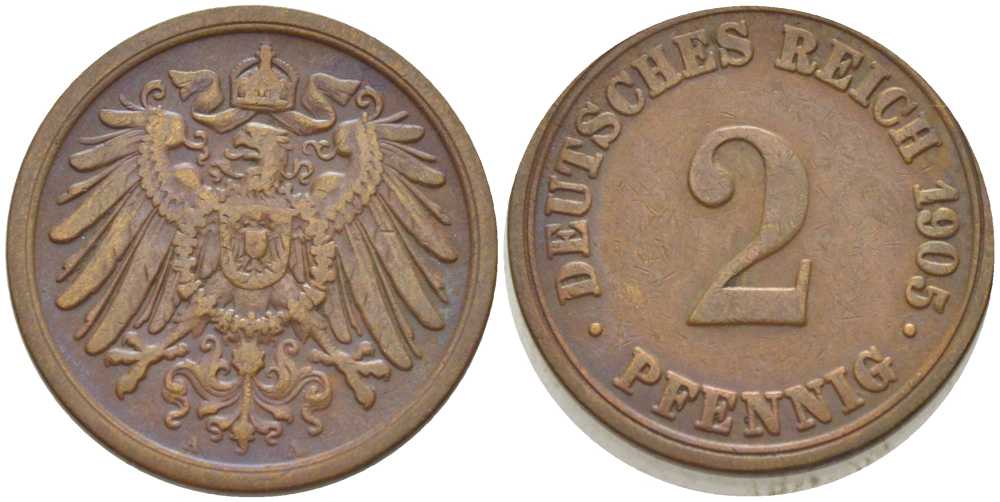 ГЕРМАНИЯ 2 ПФЕННИГА 1905 A KM 16, J. 11, Weege 4 медь 206-469