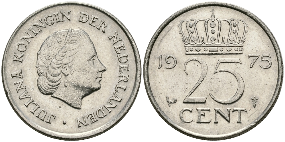 Нидерланды 25 центов 1975 Юлиана (1949-1980) KM 183 никель 96-239