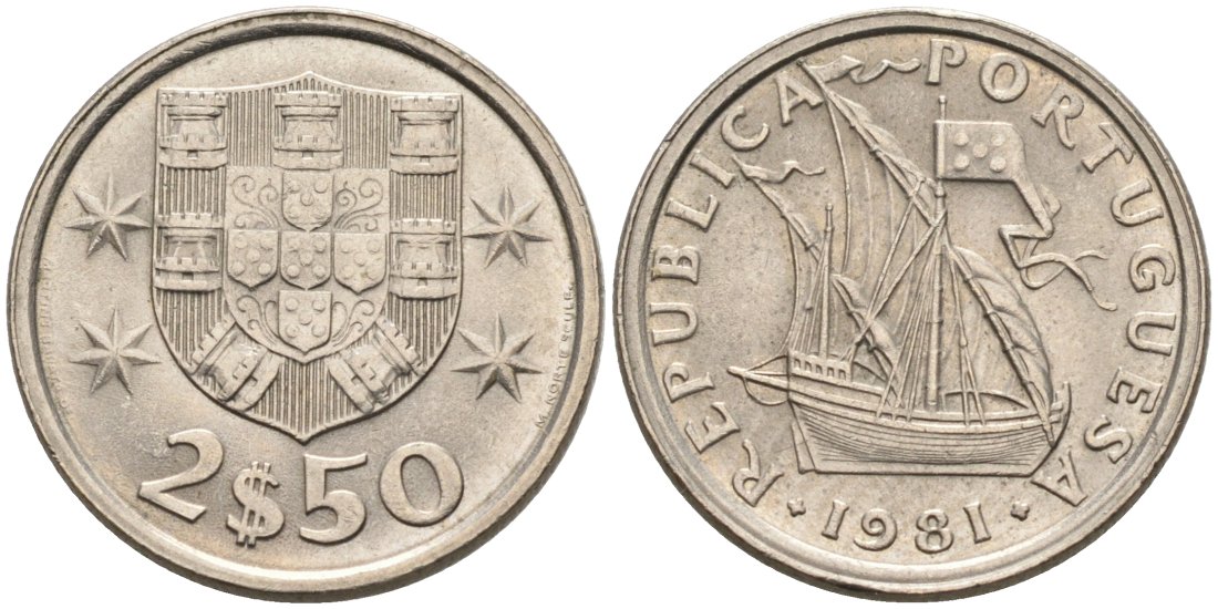 Португалия 2,5 эскудо 1981 парусник KM 590 медно-никель 4567-462