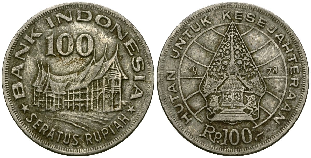 Индонезия 100 рупий 1978 хижина Минангкабау, легендарное дерево жизни KM 42 медно-никель 4137-326