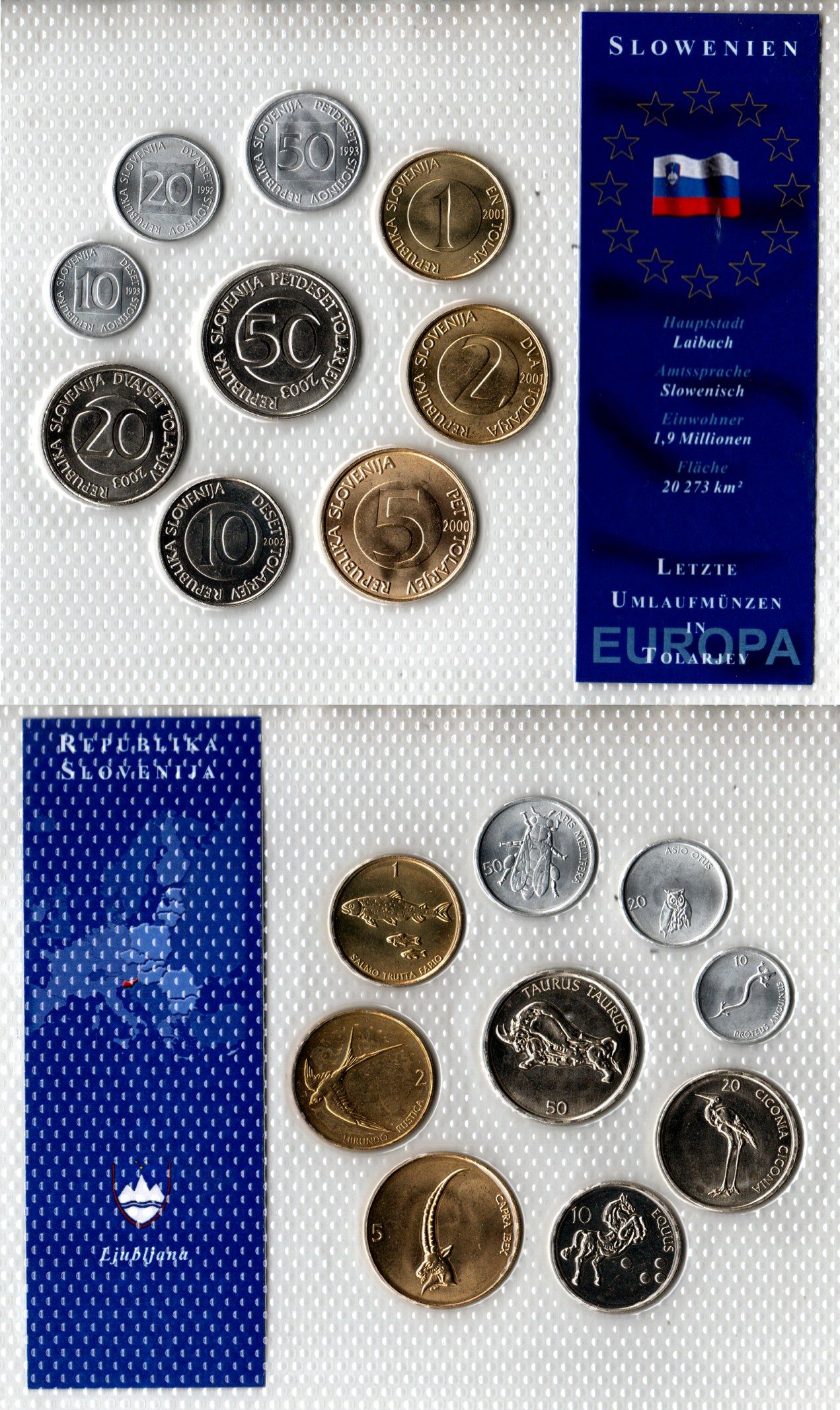Словения набор из 9 монет (10, 20 и 50 стотинов; 1, 2 , 5, 10, 20 и 50 толаров) 1992, 1993, 2000, 2001, 2002, 2003 в красочной упаковке с информацией о стране KM 3, 4, 5, 6, 7, 8, 41, 51 и 52 UNC 2-6-3-103