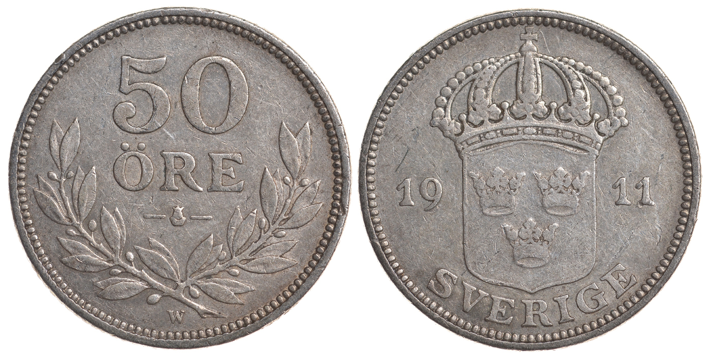 Швеция 50 эре 1911 W, Густав V (1907-1950) KM 788 серебро 4179-926