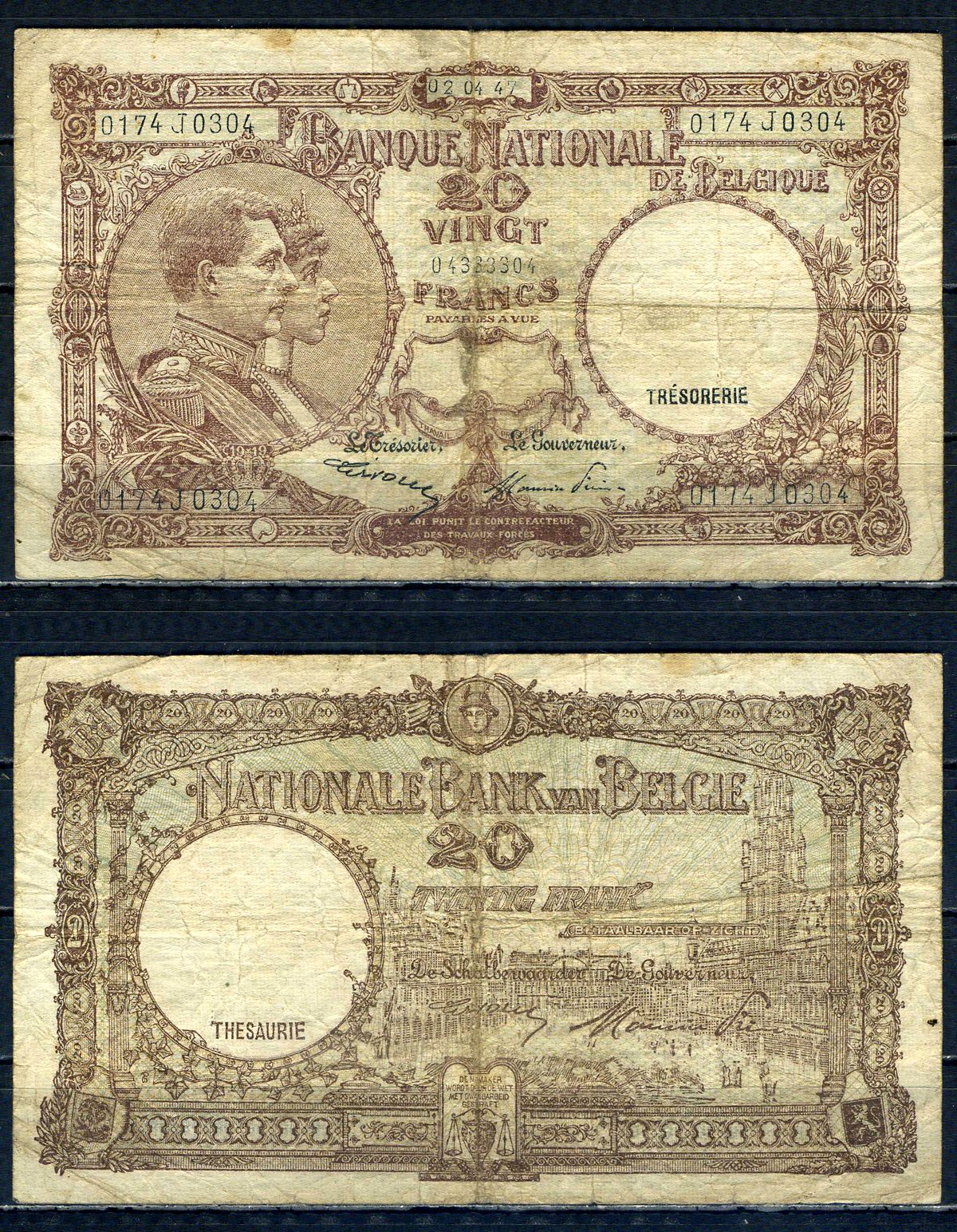 Бельгия 20 франков 1947 02.04.1947, Король Альберт I и его жена Королева Елизавета, Гран-Плас / Гроте Маркт, Брюссель Pick 111 (3) бумага 6301-19-2-2