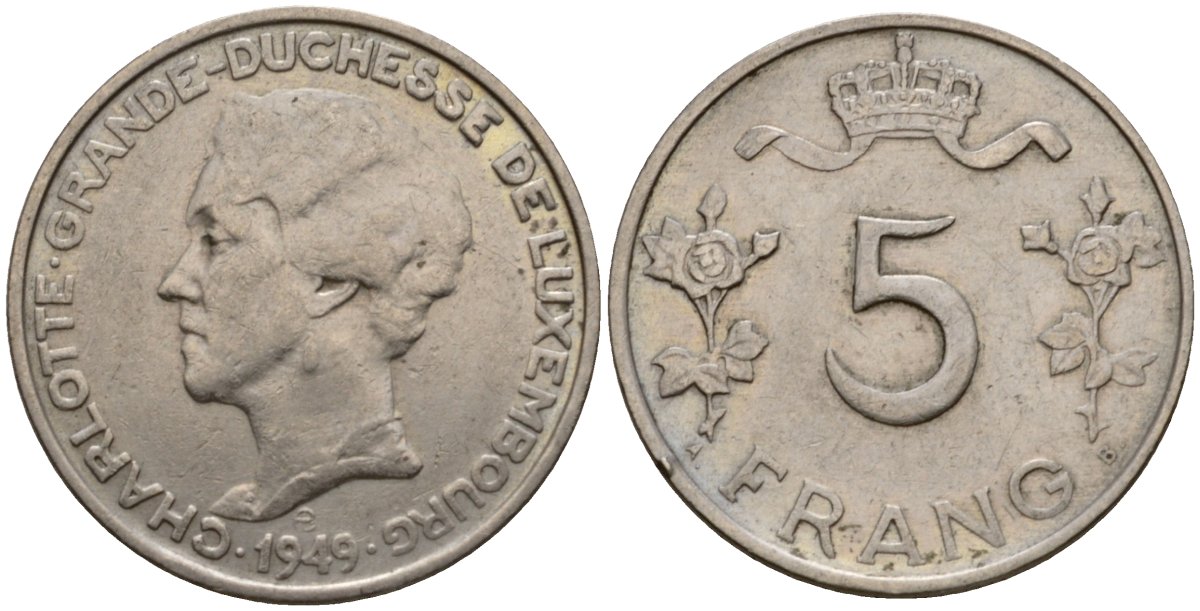 Люксембург 5 франков 1949 Великая герцогиня Шарлотта (1919-1964) KM 50 медно-никель 4603-1131