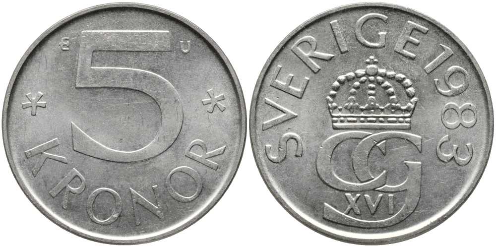 Швеция 5 крон 1983 U, Карл XVI Густав (1973- ) КМ 853 медно-никель 180-626