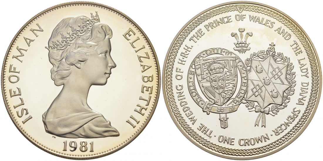 Остров Мэн 1 крона 1981 Королевская свадьба принца Чарльза и леди Дианы, гербы KM 81a серебро PROOF 02-056-22