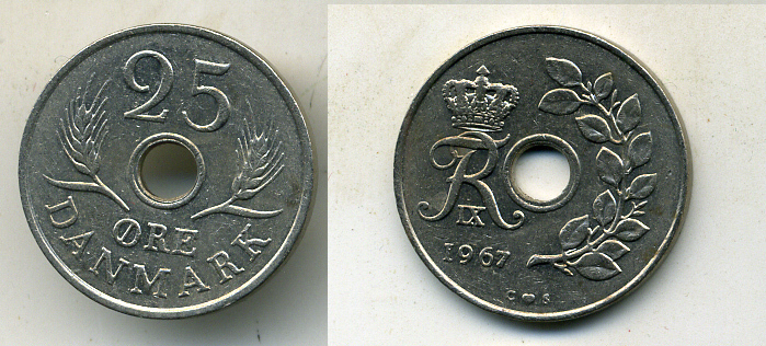 Дания 25 эре 1967 С; S, Фредерик IX (1947-1972) KM 855.1 медно-никель 54-1161