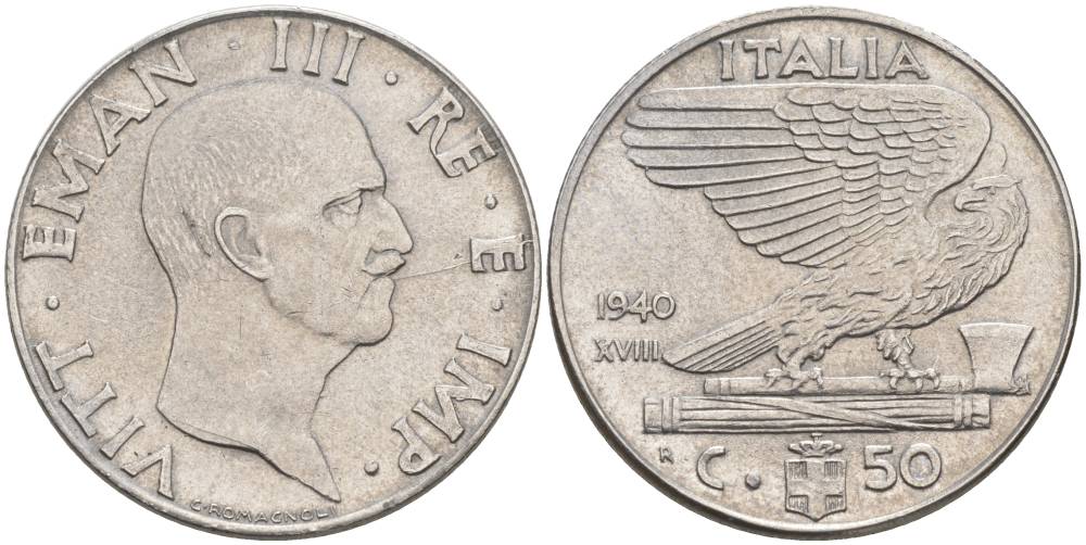 ИТАЛИЯ 50 ЧЕНТЕЗИМО 1940 R, ГОД XVIII, ВИКТОР ЭММАНУИЛ III (1900-1946), МАГНИТНАЯ, ГУРТ РИФЛЁНЫЙ KM 76b, VEM3. 1061 нержавеющая сталь 3853-314