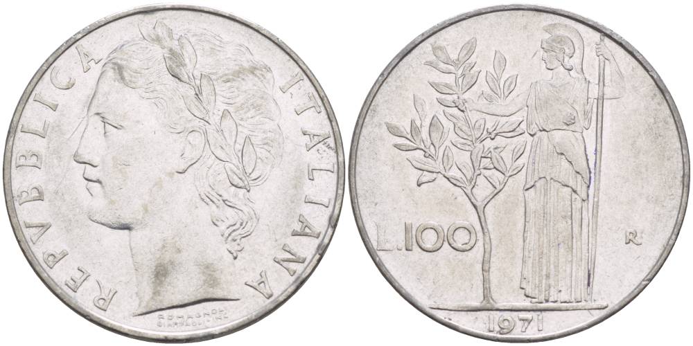 Италия 100 лир 1971 R, Афина KM 96.1 нержавеющая сталь 4545-644