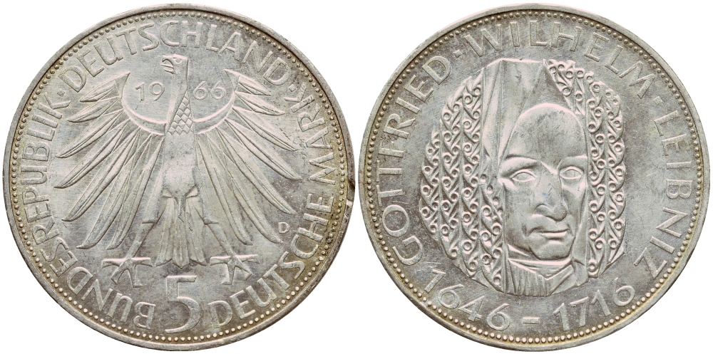 ФРГ 5 марок 1966 D, 250 лет со дня смерти Готфрида Вильгельма Лейбница J. 394, KM 119.1 серебро aUNC 1529-134