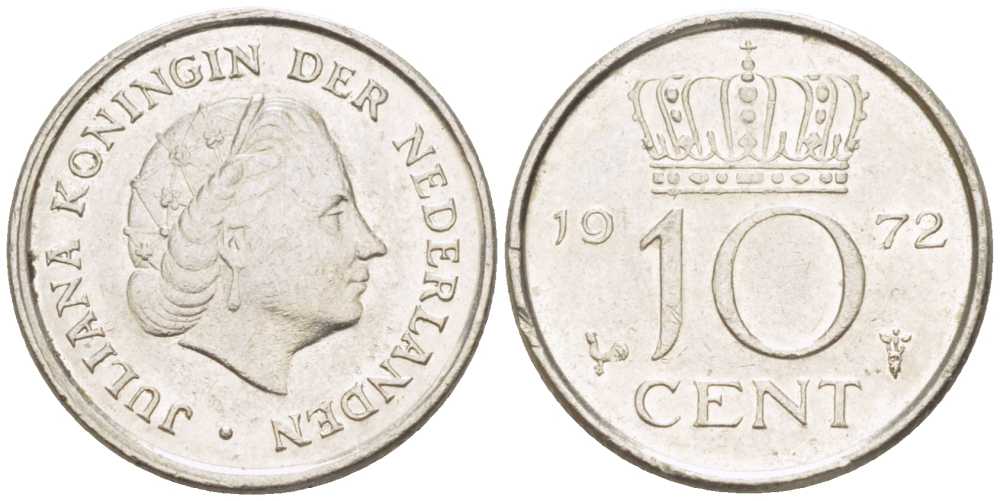 Нидерланды 10 центов 1972 Юлиана (1948-1980) KM 182 никель 214-1256