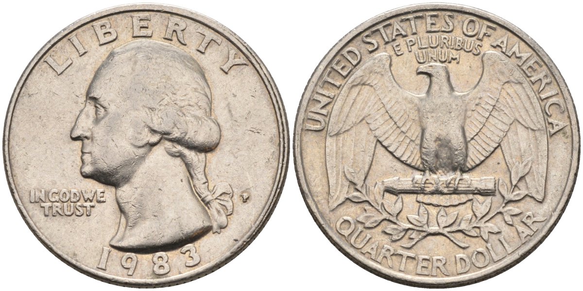 США 25 центов = квотер 1983 P, Вашингтон KM A164a медь плакированная медно-никелем 4584-1147