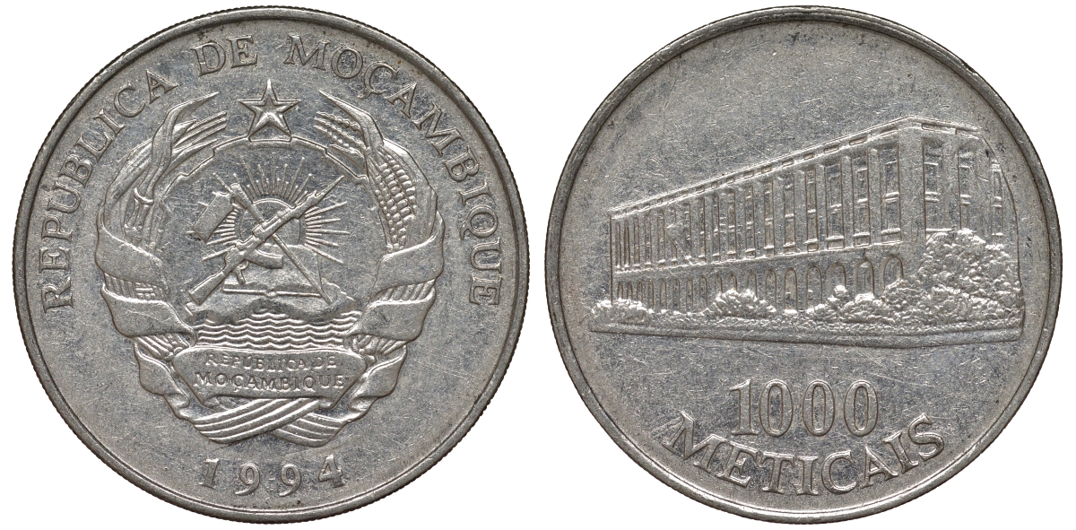 Мозамбик 1000 метикалей 1994 KM 122 никелированная сталь 4162-723