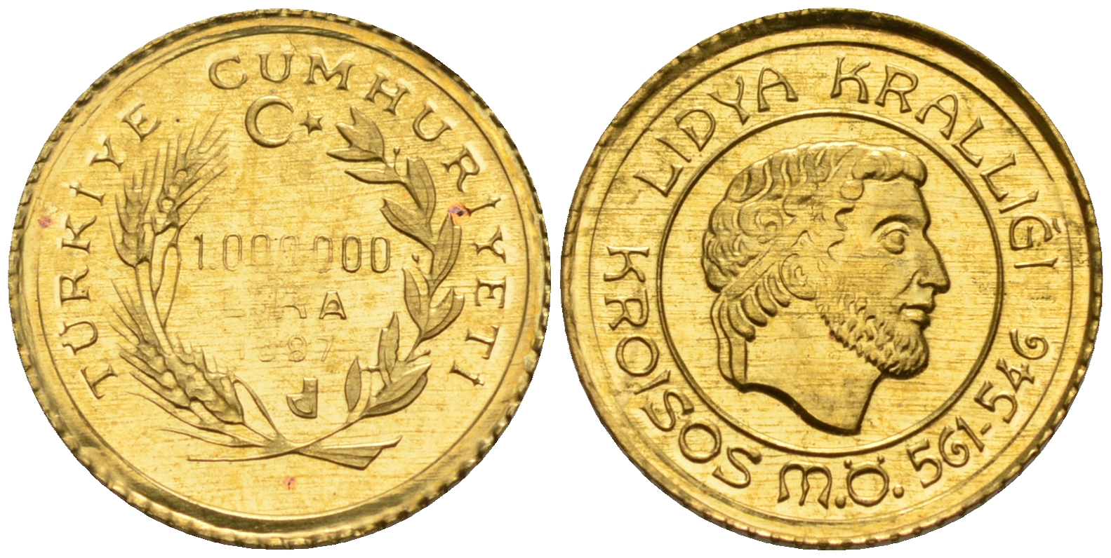 Турция 1000000 лир ЛИР 1997 КРЕЗ, ЦАРЬ ЛИДИИ, СТАРИННАЯ МОНЕТА KM 1066 золото PROOF 00-000-00