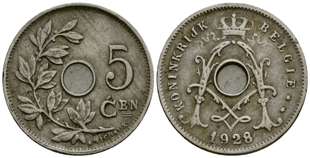 Бельгия 5 сантимов 1928 Belgie KM 67 медно-никель 4173-323