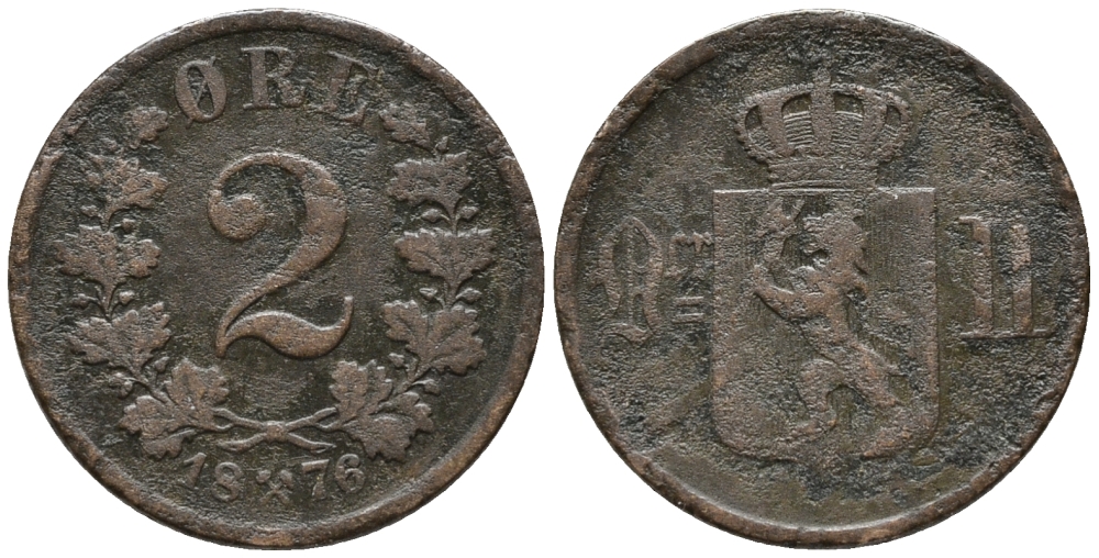 НОРВЕГИЯ 2 ЭРЕ 1876 KM 353 бронза 67-126