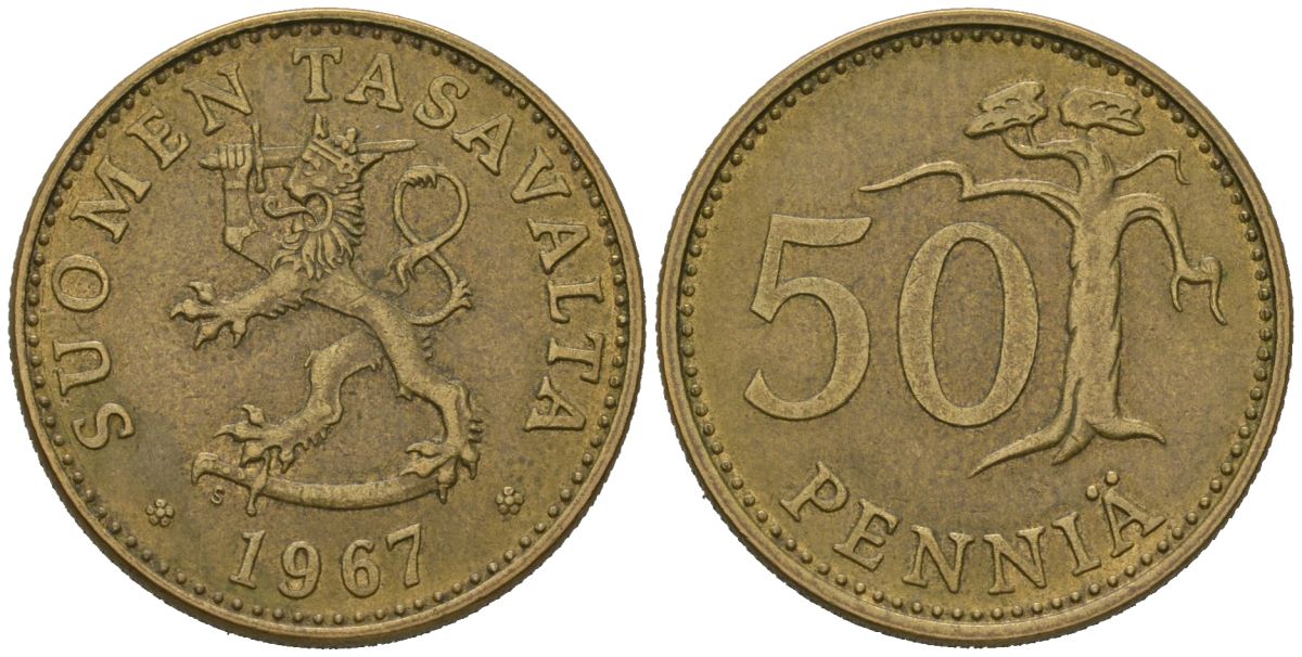 Финляндия 50 пенни 1967 S, самый редкий год выпуска - 400.000 KM 48 алюминиевая бронза 4579-1244