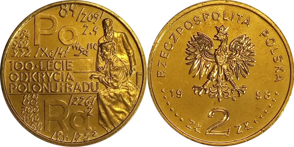 Польша 2 злотых 1998 MW, 100 лет со дня открытия Полония и Радия KM 344 нордик  UNC  4521-211