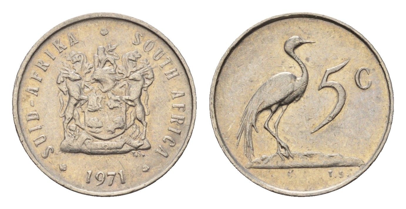 ЮАР 5 центов 1971 герб, райский журавль KM 84 никель 4643-214