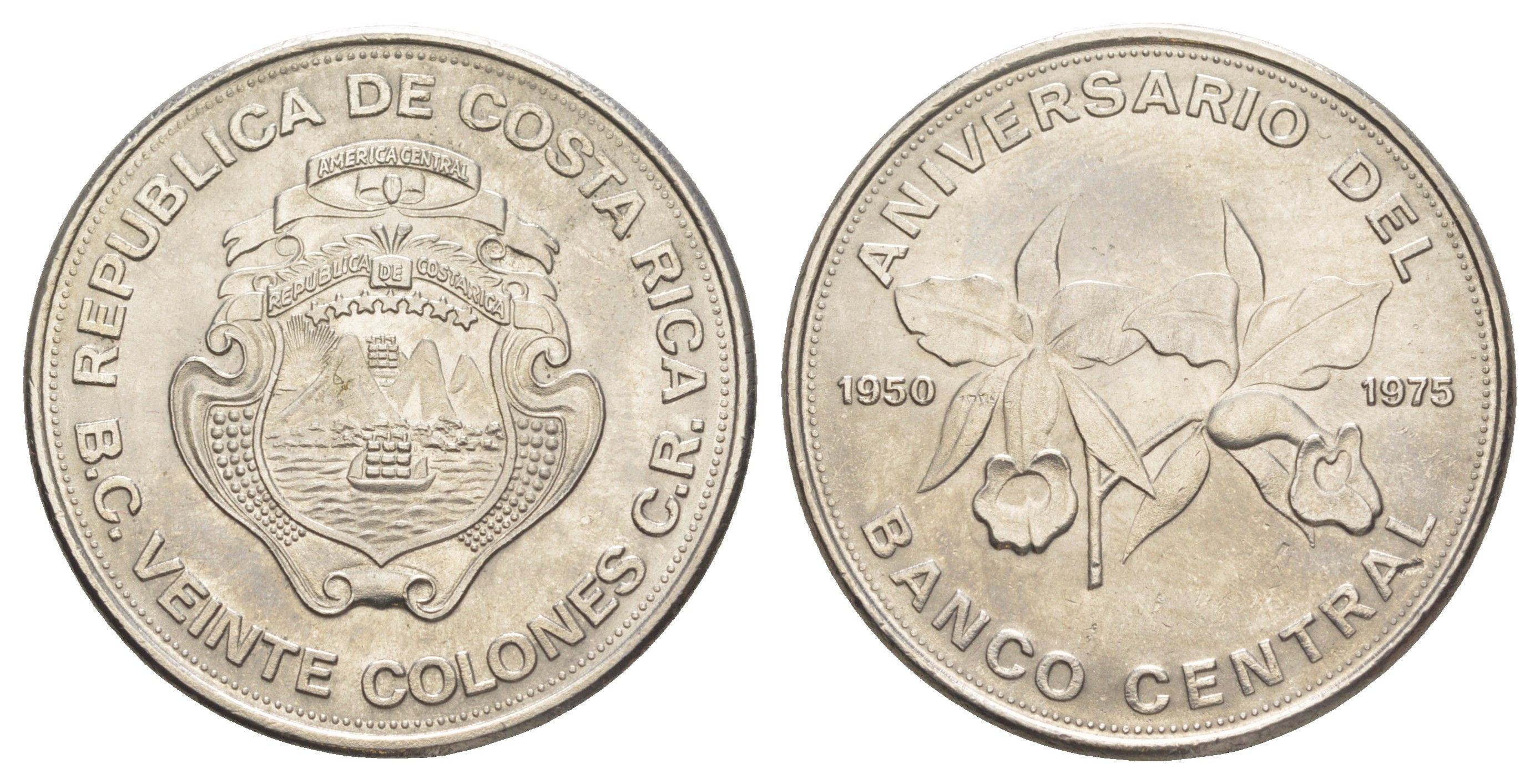 Коста-Рика 20 колонов 1975 25 лет Центральному Банку KM 205 никель UNC 118-225
