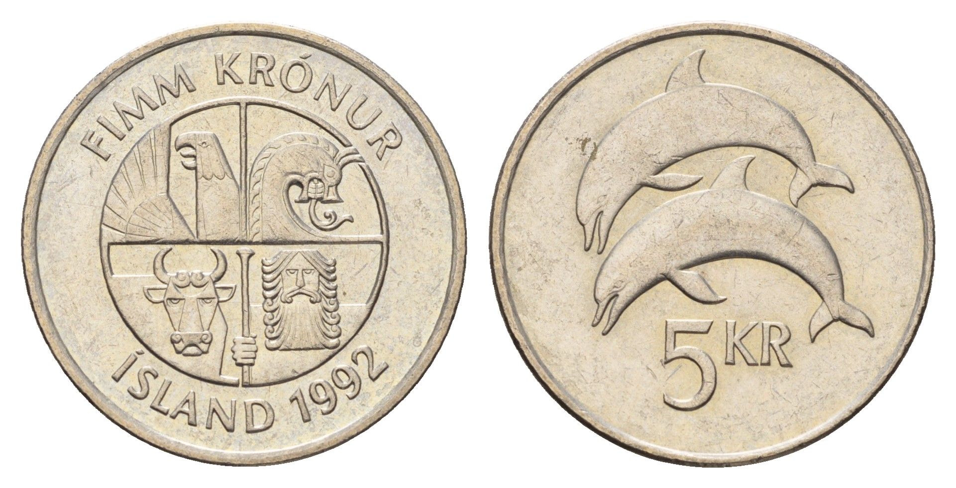 Исландия 5 крон 1992 дельфины KM 28 медно-никель 4691-416