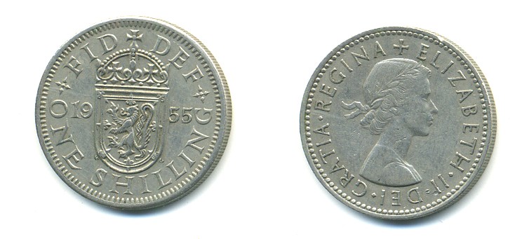 Великобритания 1 шиллинг 1955 Елизавета II (1952-2022), Шотландский герб KM 905, Spink 4148 медно-никель 23-935
