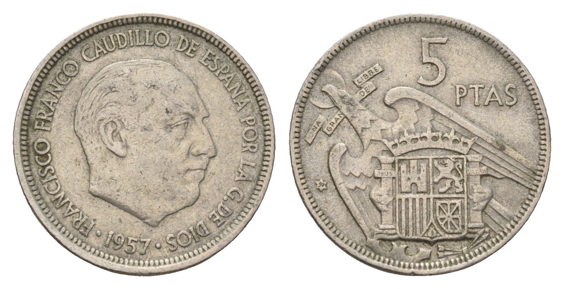 Испания 5 песет 1957 (57) Франсиско Франко (1939-1975) KM 786 медно-никель 4707-322