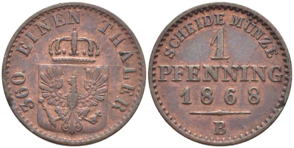ПРУССИЯ 1 ПФЕННИГ 1868 В, ВИЛЬГЕЛЬМ I (1861-1888) KM 480 медь 201-549
