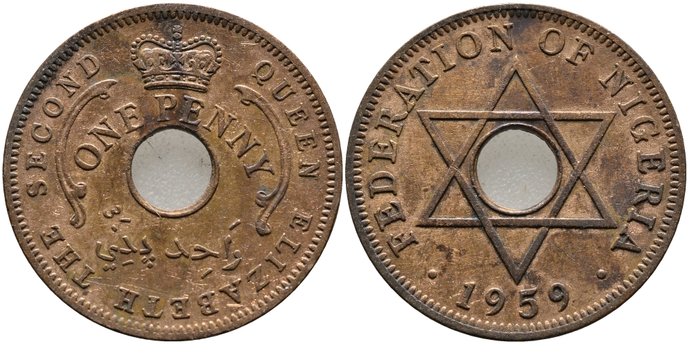 Нигерия 1 пенни 1959 Елизавета II (1952-), Британский протекторат KM 2 бронза 51-2343